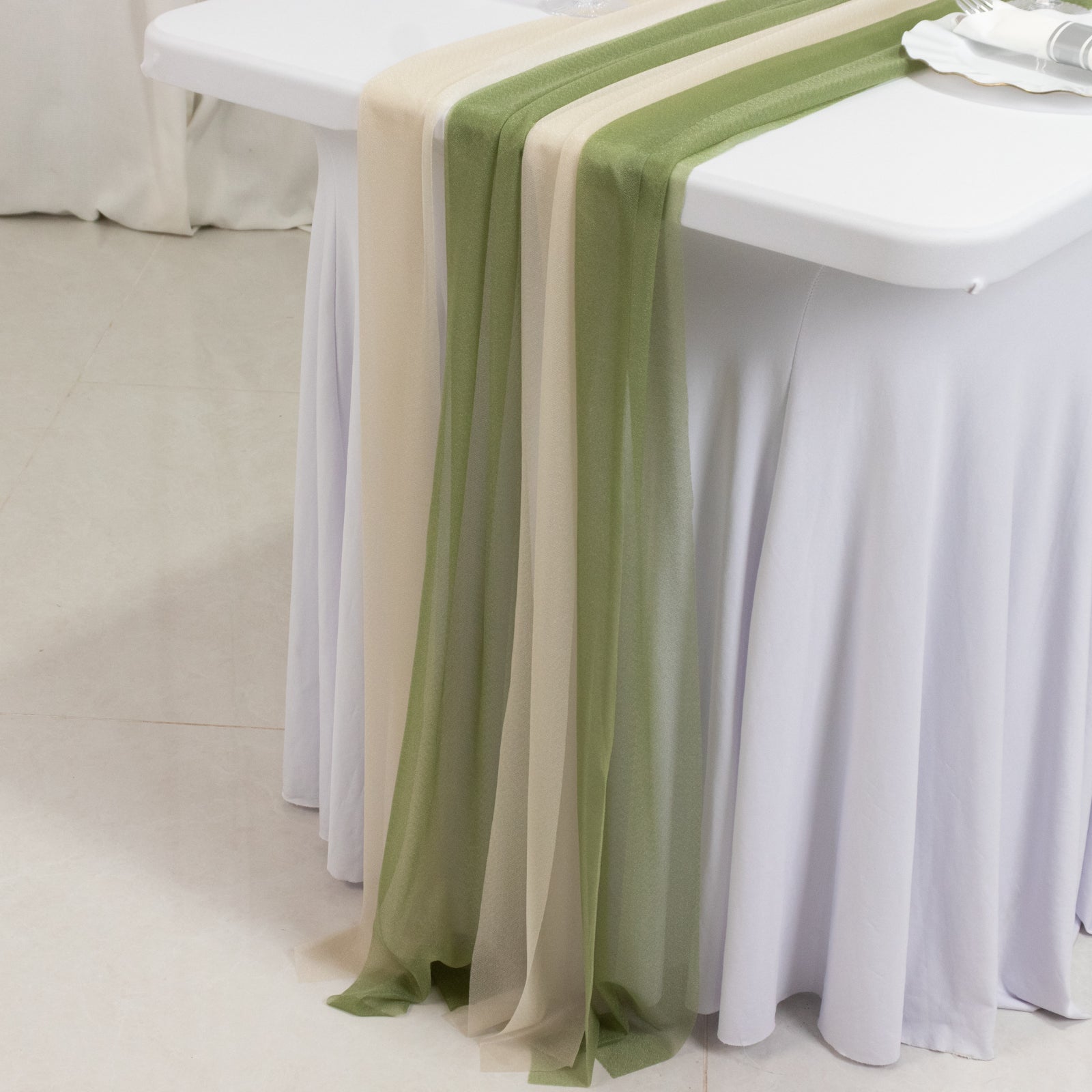 20-Pack 9ft Sheer Table Runners – Dusty Sage Green/Beige Shimmer Sheer Drapes, Wrinkle-Free