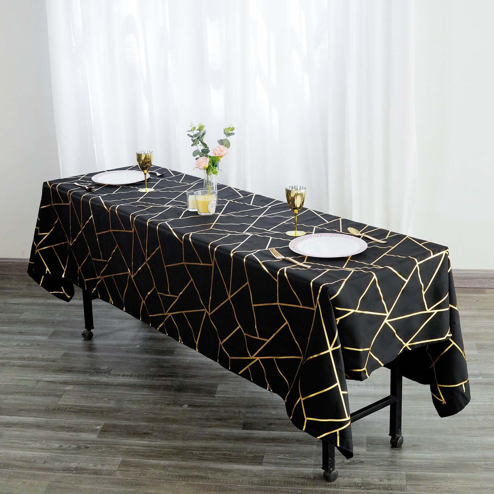 Polyester 60"x102" Rectangle Tablecloth Black with Gold Foil Geometric Pattern - Wrinkle-Resistant & Durable Table Cover