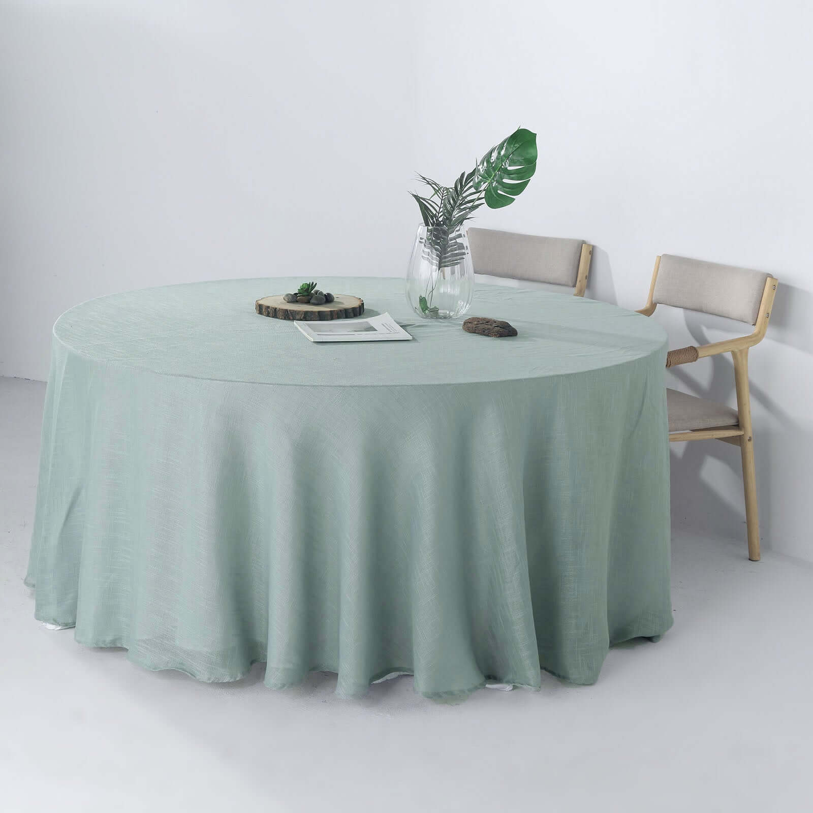 Faux Linen 120" Round Tablecloth Dusty Blue - Slubby Texture Wrinkle-Resistant Seamless Table Cover