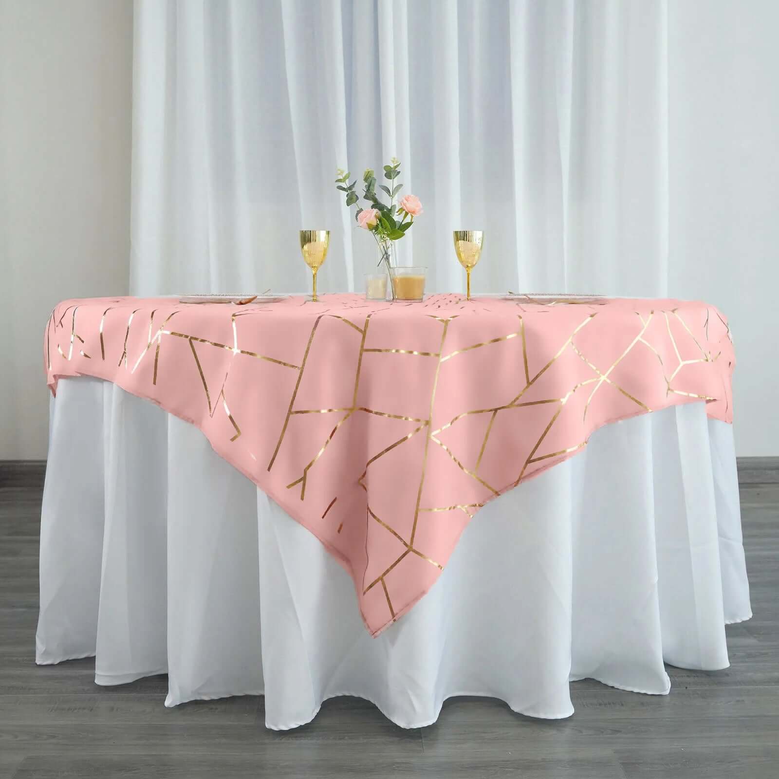Polyester 54"x54" Table Overlay Square Tablecloth Dusty Rose with Gold Foil Geometric Pattern - Wrinkle-Resistant & Durable Table Topper