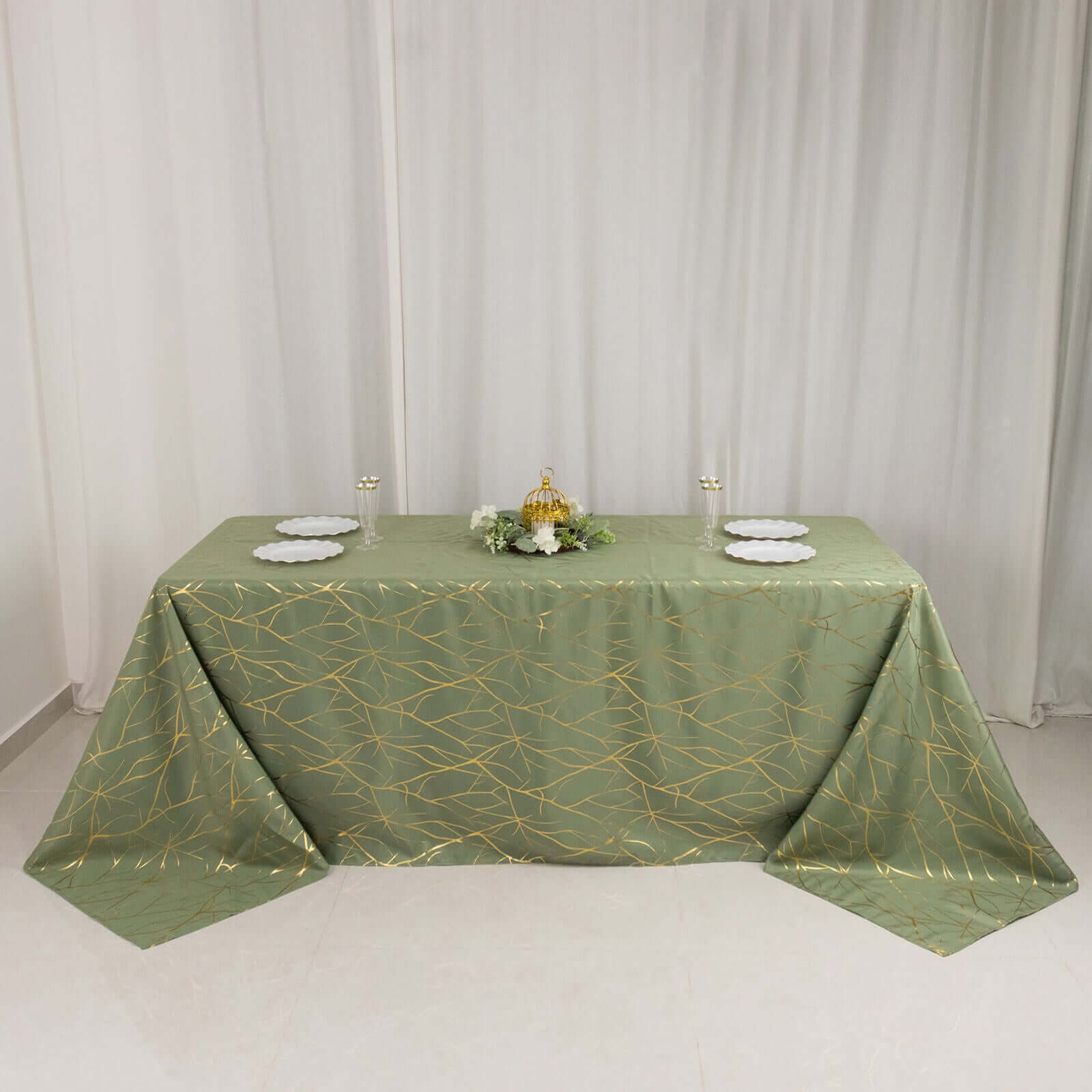 Polyester 90"x132" Rectangle Tablecloth Dusty Sage Green with Gold Foil Tree Branch Pattern - Wrinkle-Resistant Seamless Table Cover