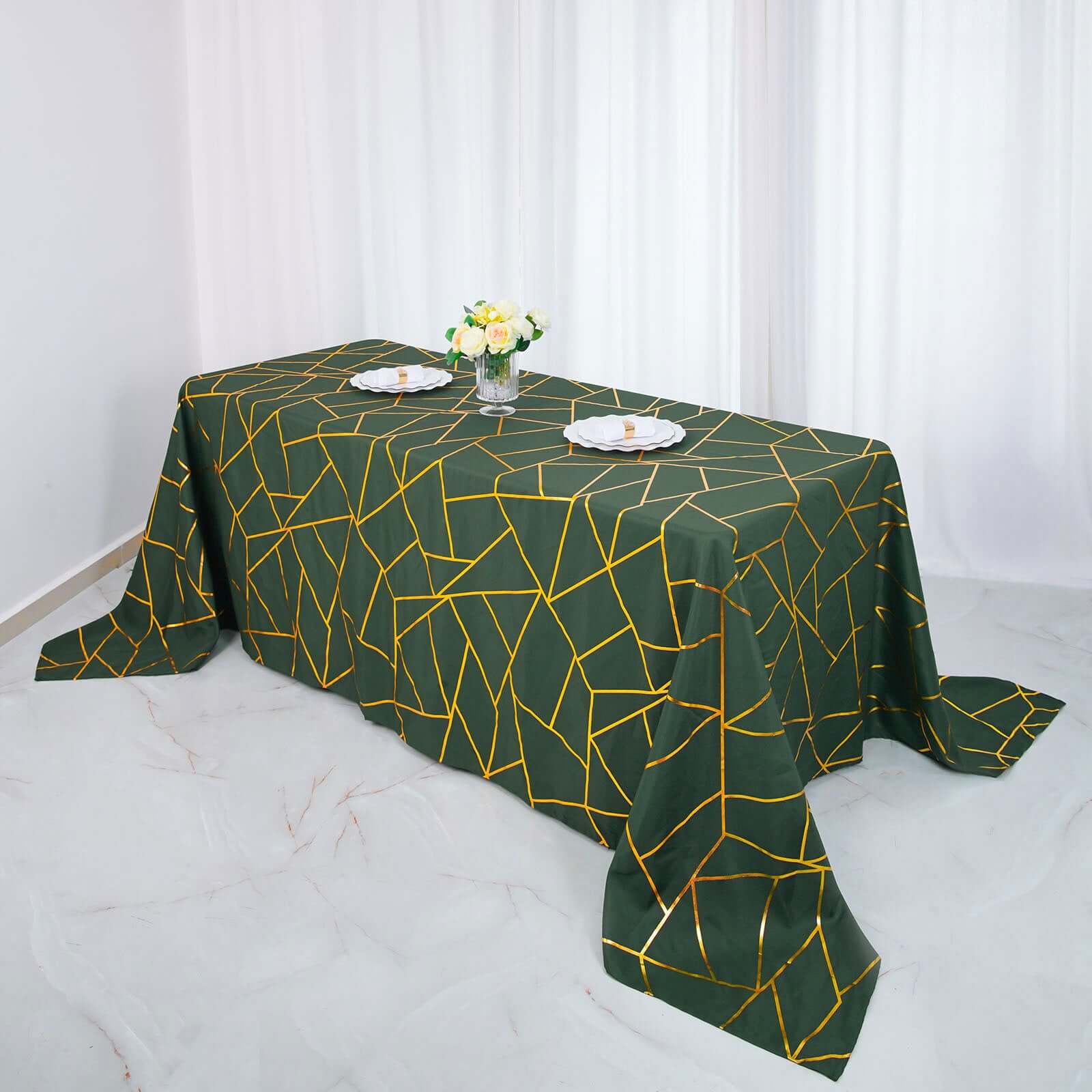 Polyester 90"x132" Rectangle Tablecloth Hunter Emerald Green with Gold Foil Geometric Pattern - Wrinkle-Resistant Seamless Table Cover