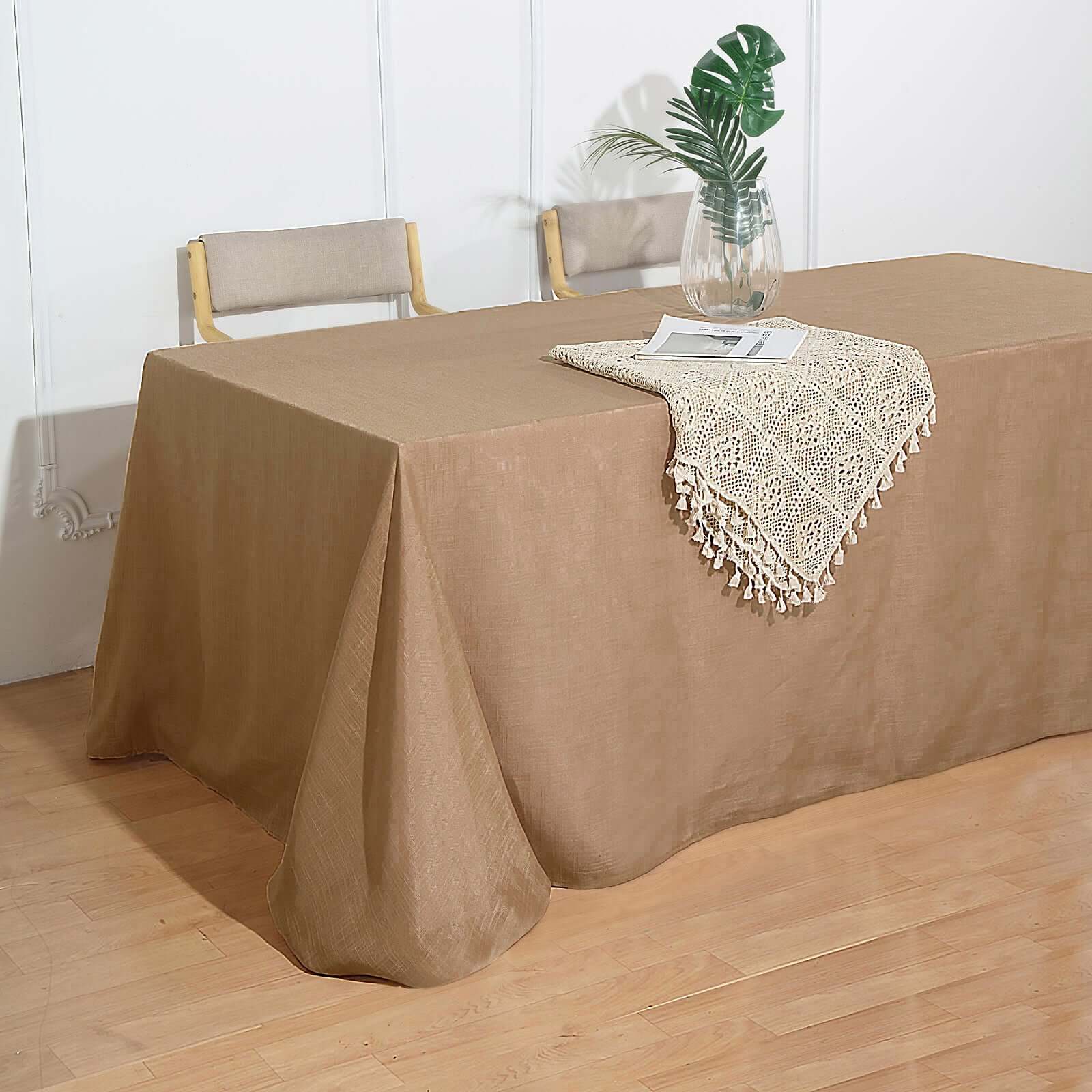 Faux Linen 90"x132" Rectangular Tablecloth Natural - Slubby Texture Wrinkle-Resistant Seamless Table Cover