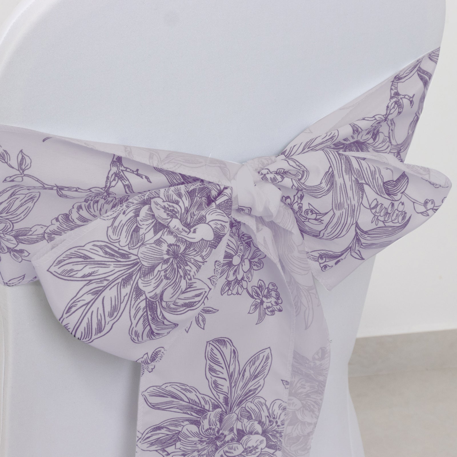 Polyester Chair Sashes White Lavender Lilac French Toile Floral Design - Wrinkle-Resistant & Durable Chair Bows for Exquisite Weddings & Banquets 6"x108"