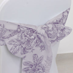Polyester Chair Sashes White Lavender Lilac French Toile Floral Design - Wrinkle-Resistant & Durable Chair Bows for Exquisite Weddings & Banquets 6"x108"