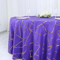 Polyester 120" Round Tablecloth Purple with Gold Foil Geometric Pattern Wrinkle-Resistant Seamless Table Cover