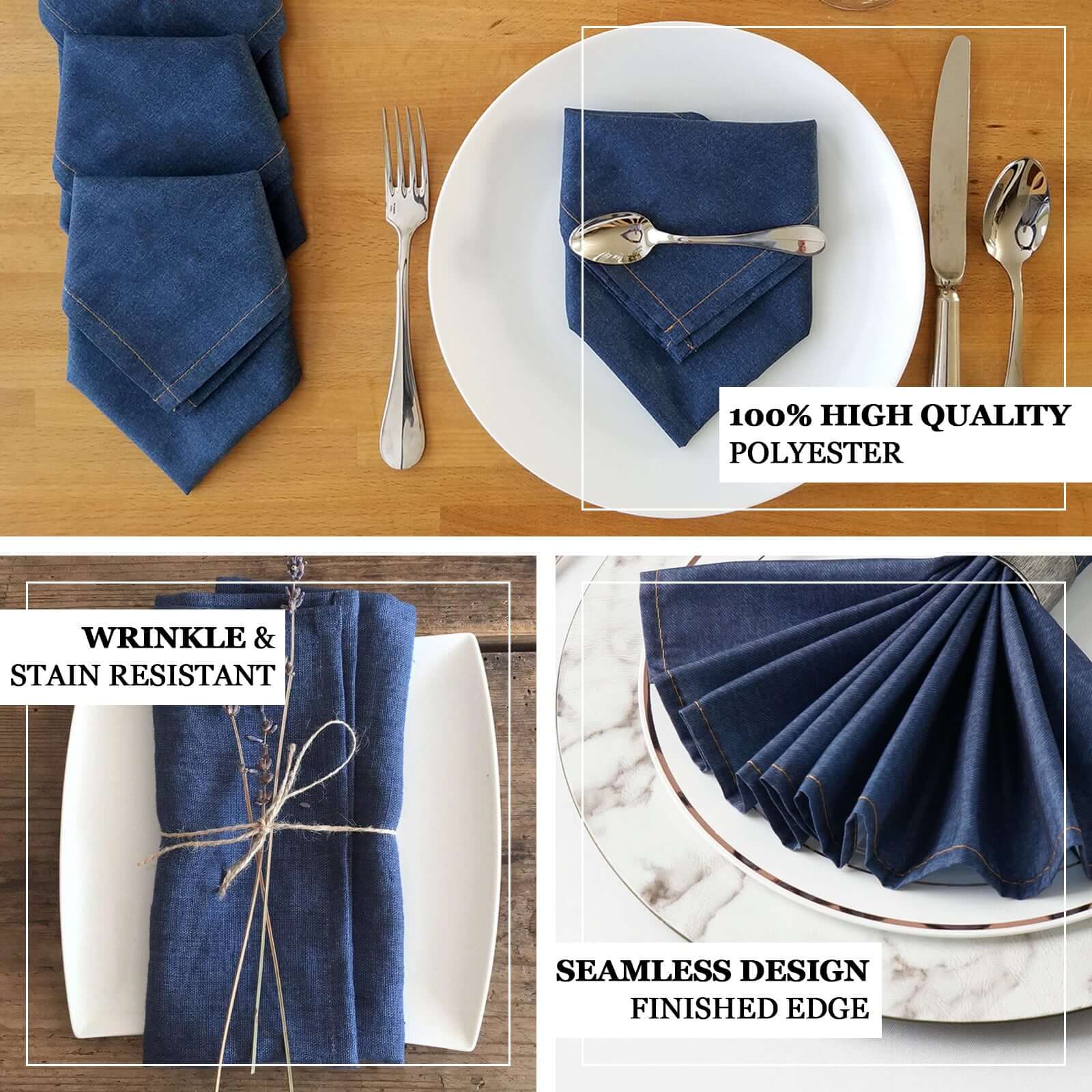 5 Pack Polyester 17"x17" Napkins Navy Blue Faux Denim Style Dinner Napkins for Casual Gatherings & Themed Events
