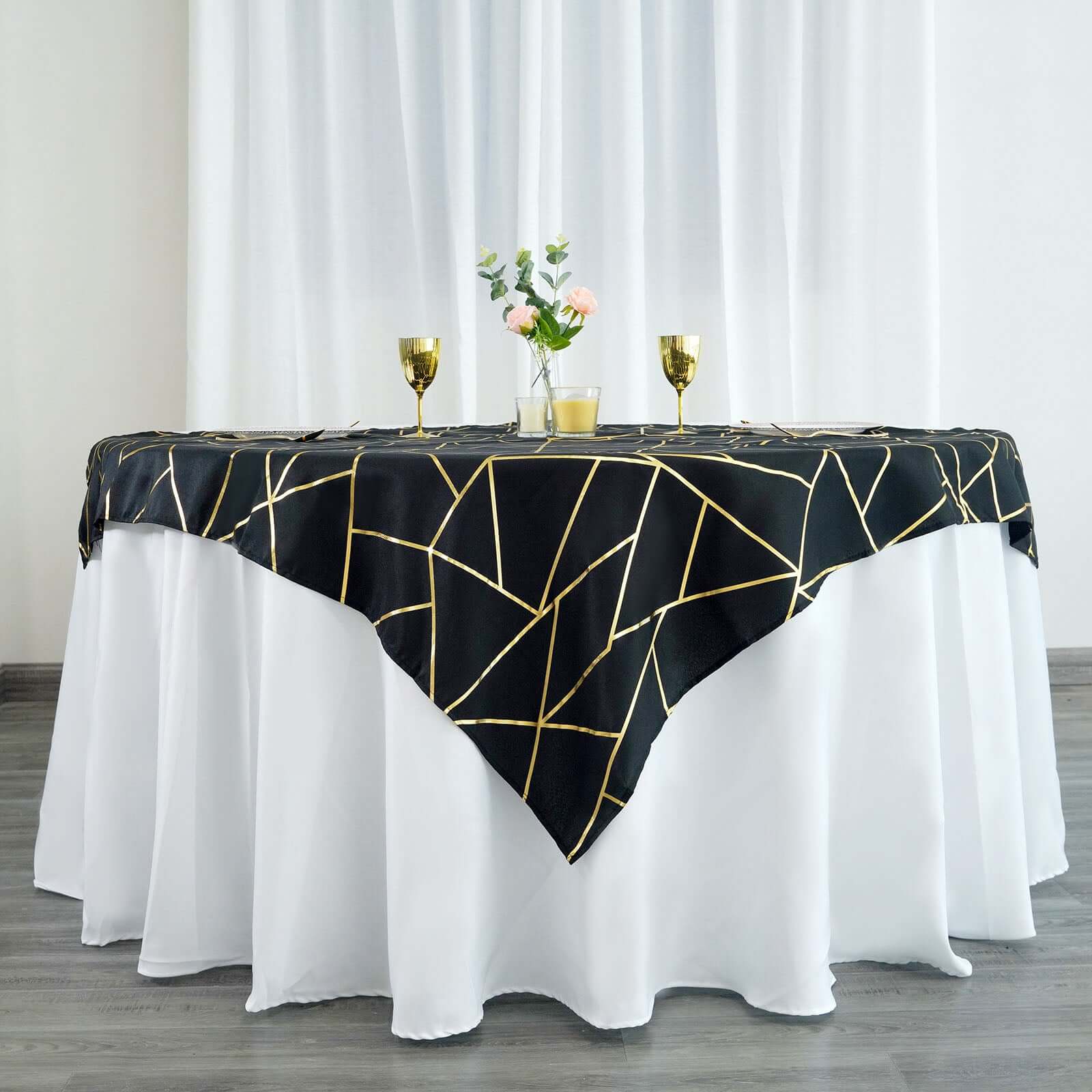 Polyester 54"x54" Table Overlay Square Tablecloth Black with Gold Foil Geometric Pattern - Wrinkle-Resistant & Durable Table Topper