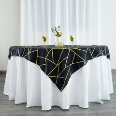 Polyester 54"x54" Table Overlay Square Tablecloth Black with Gold Foil Geometric Pattern - Wrinkle-Resistant & Durable Table Topper