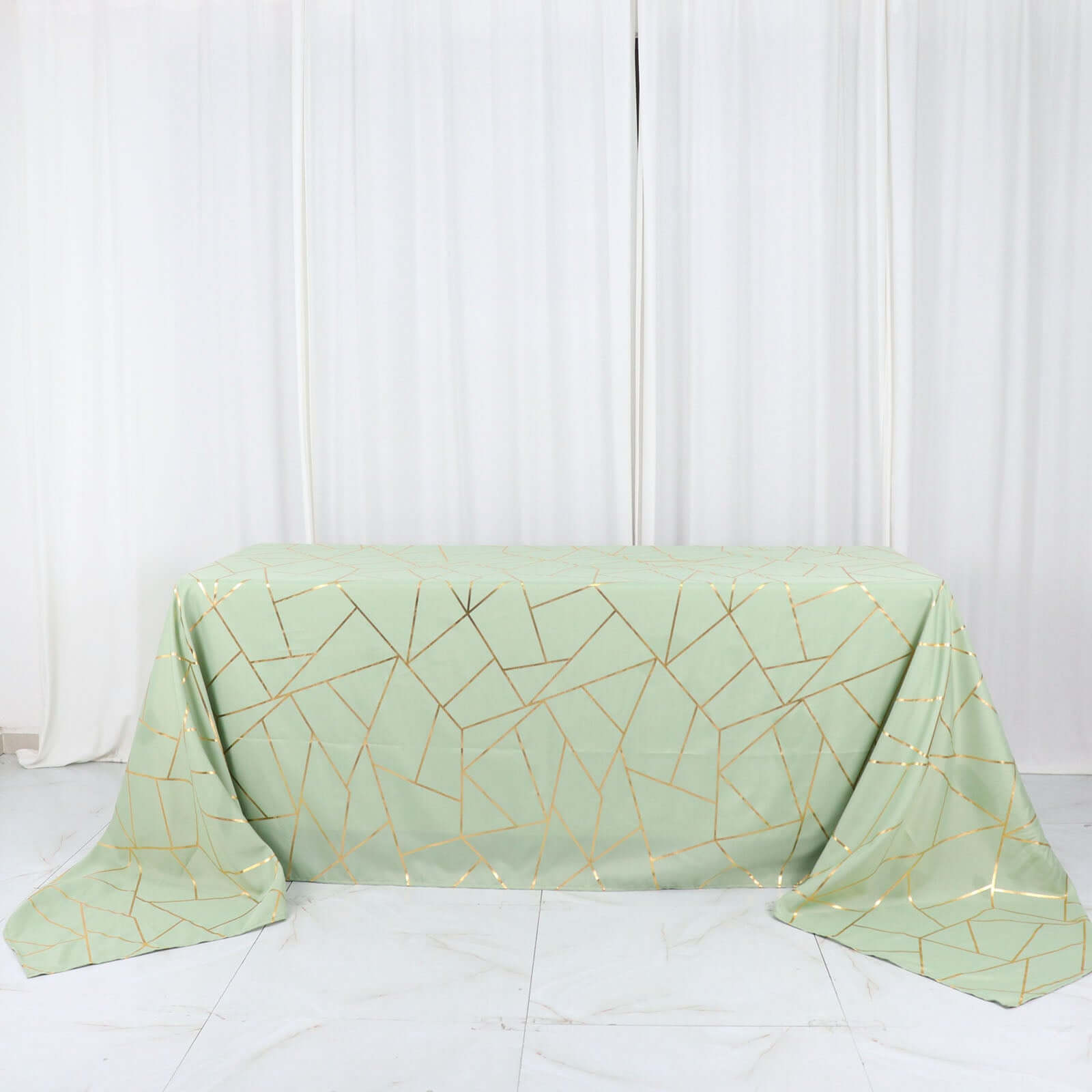 Polyester 90"x156" Rectangle Tablecloth Sage Green Seamless with Gold Foil Geometric Pattern - Wrinkle-Resistant Seamless Table Cover for Sophisticated Events