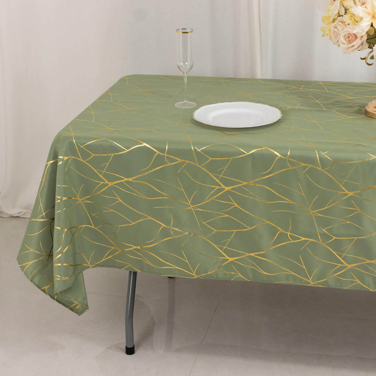 Polyester 60"x102" Rectangle Tablecloth Dusty Sage Green with Gold Foil Tree Branch Pattern - Wrinkle-Resistant & Durable Table Cover