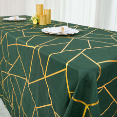 Polyester 90"x156" Rectangle Tablecloth Hunter Emerald Green Seamless with Gold Foil Geometric Pattern - Wrinkle-Resistant Seamless Table Cover for Sophisticated Events