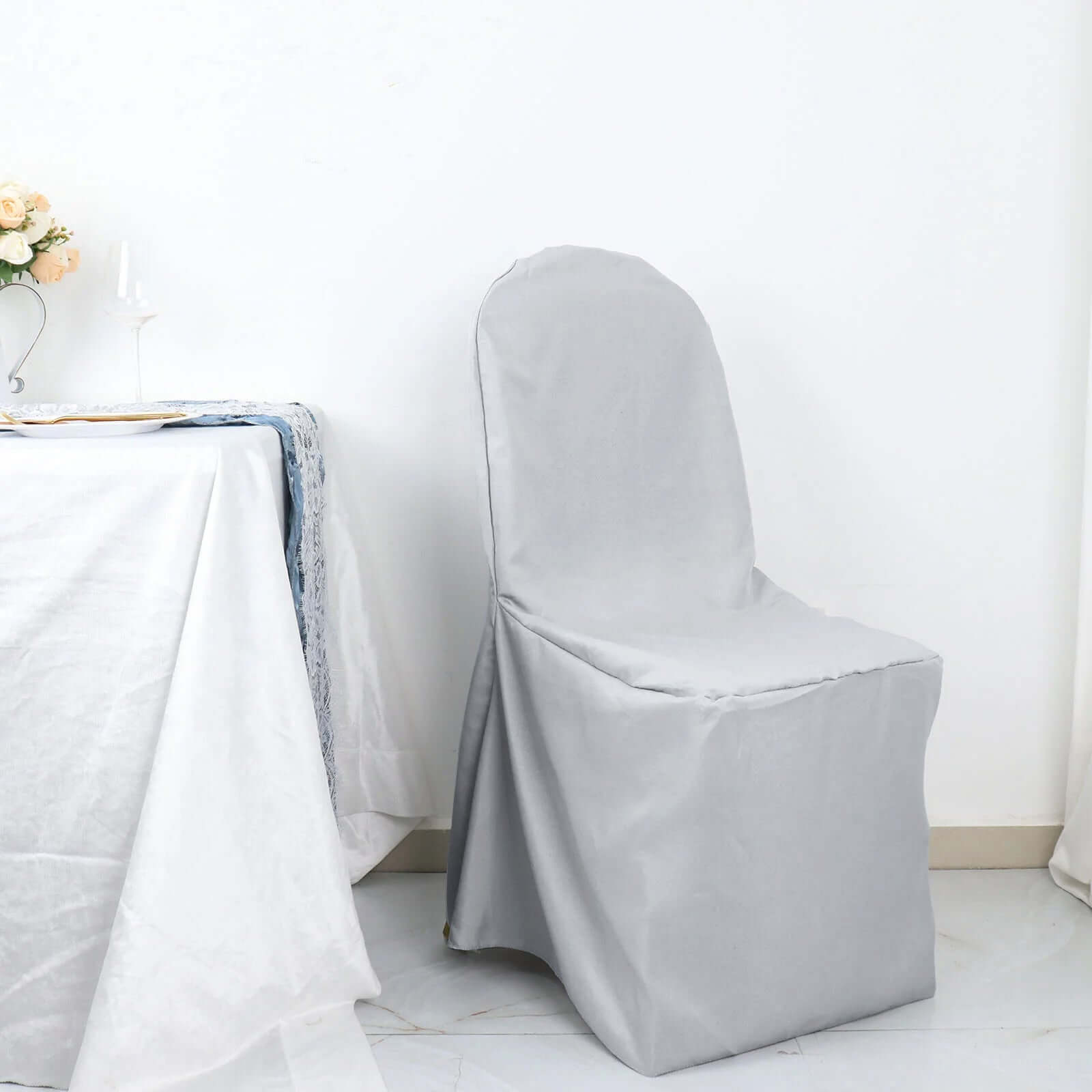 Polyester Slip On Banquet Chair Covers Silver - Stain-Resistant Reusable Durable Fabric