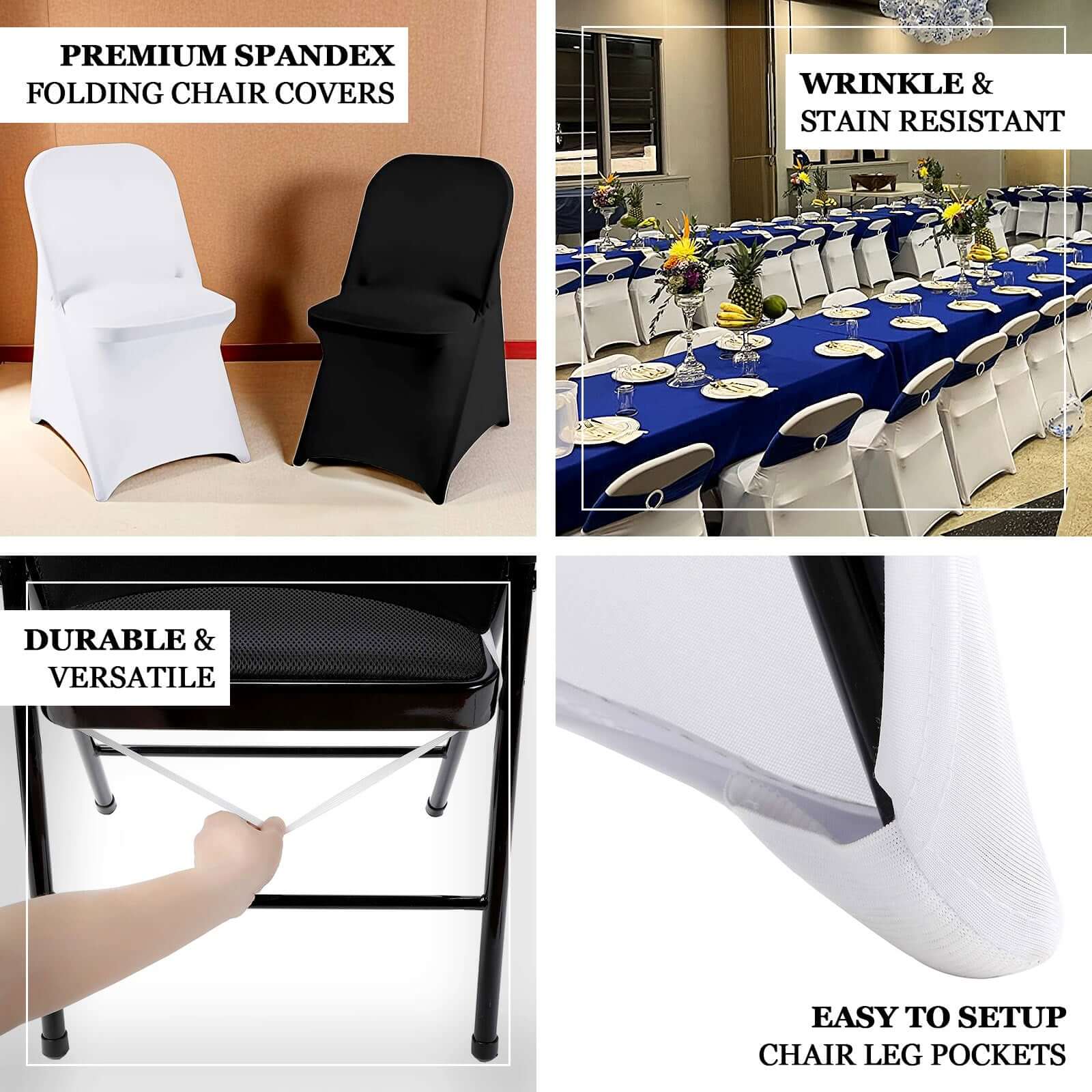 Premium Spandex Chair Cover with Foot Pockets for Folding Chairs White - Stretch Fitted 220GSM Fabric for Weddings & Gatherings