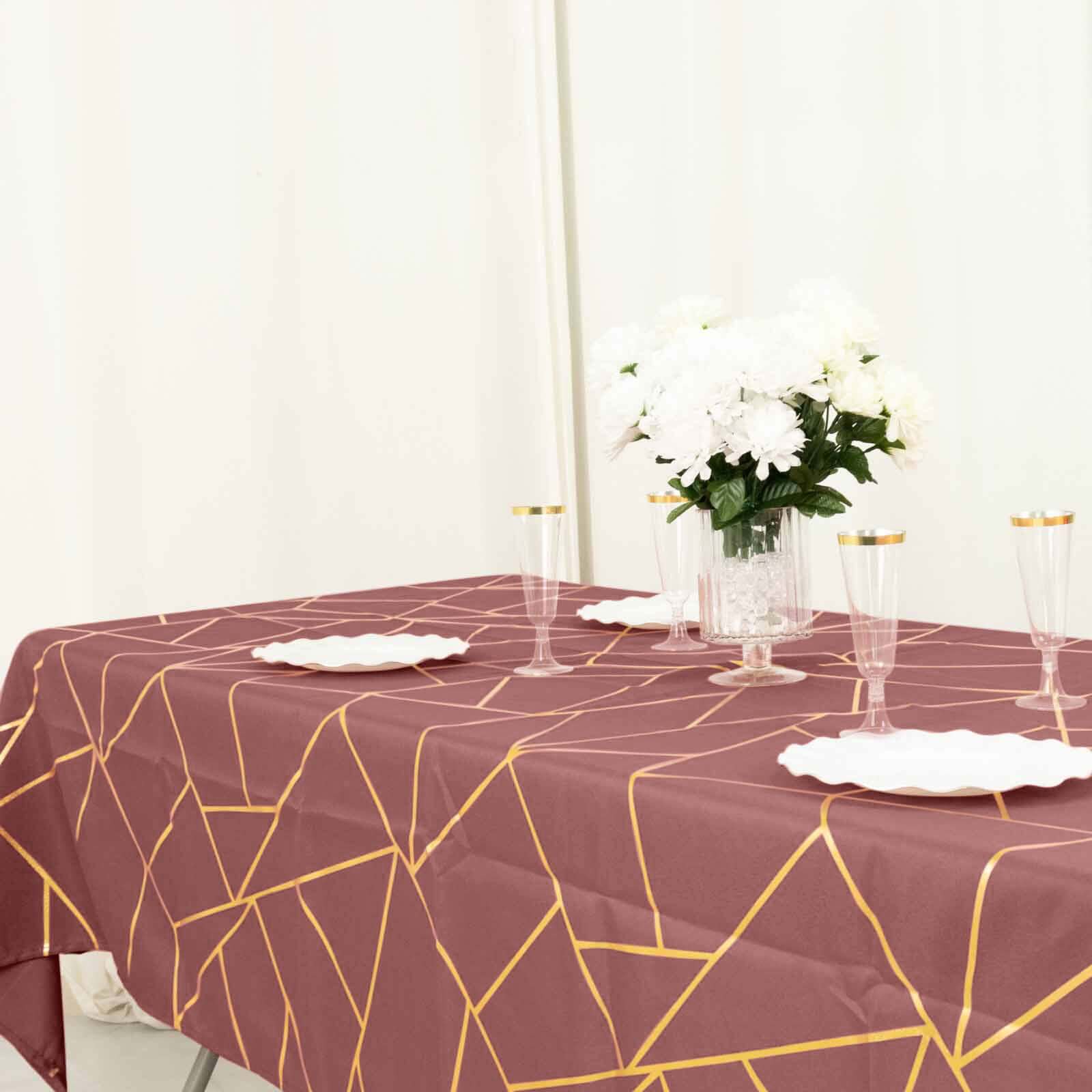 Polyester 60"x102" Rectangle Tablecloth Cinnamon Rose with Gold Foil Geometric Pattern - Wrinkle-Resistant & Durable Table Cover