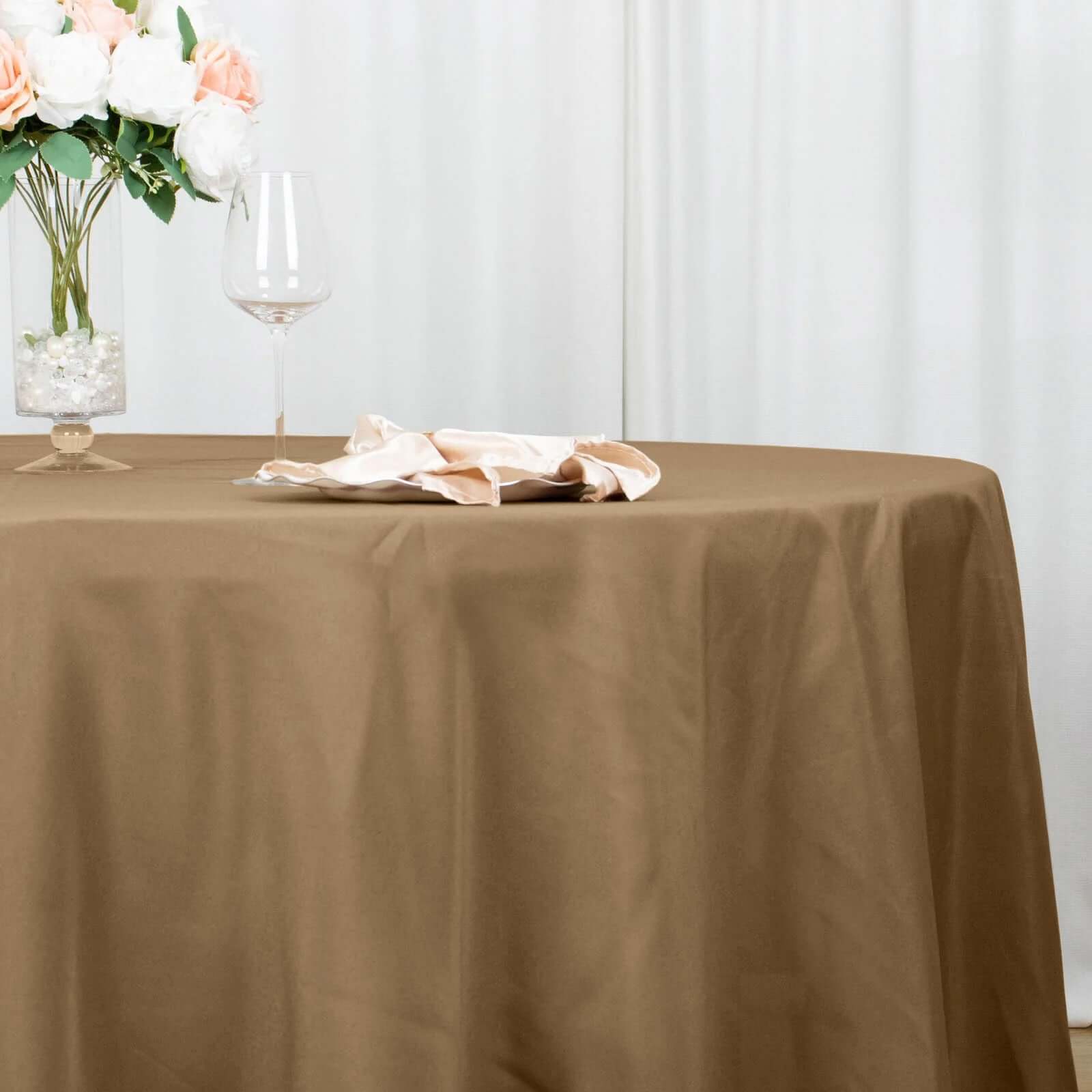 Polyester 132" Round Tablecloth Taupe - Seamless Chic Table Cover