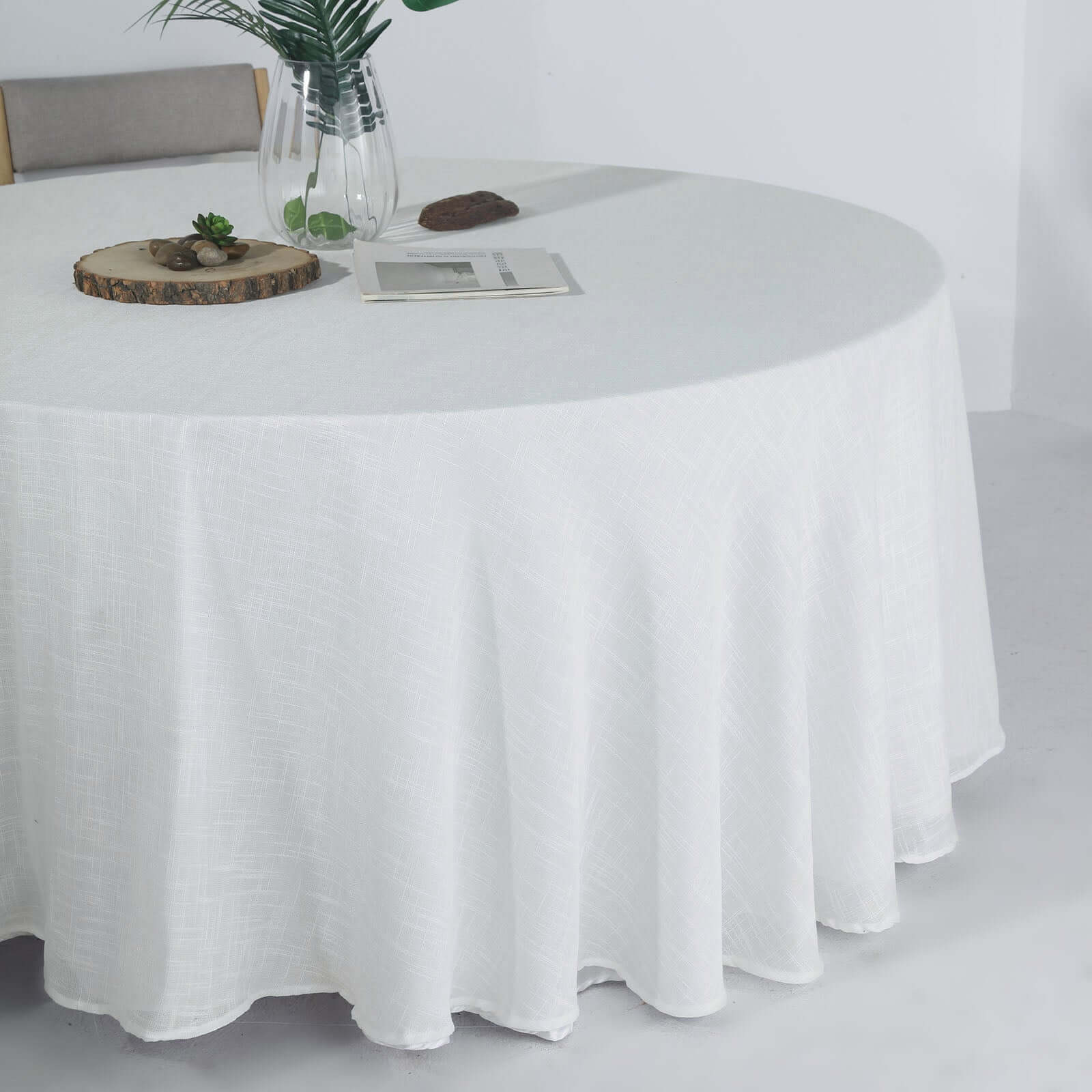 Faux Linen 120" Round Tablecloth White - Modern Slubby Texture with Wrinkle-Resistant Appeal Seamless Table Cover