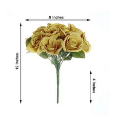 12" Gold Artificial Velvet-Like Fabric Rose Flower Bouquet Bush