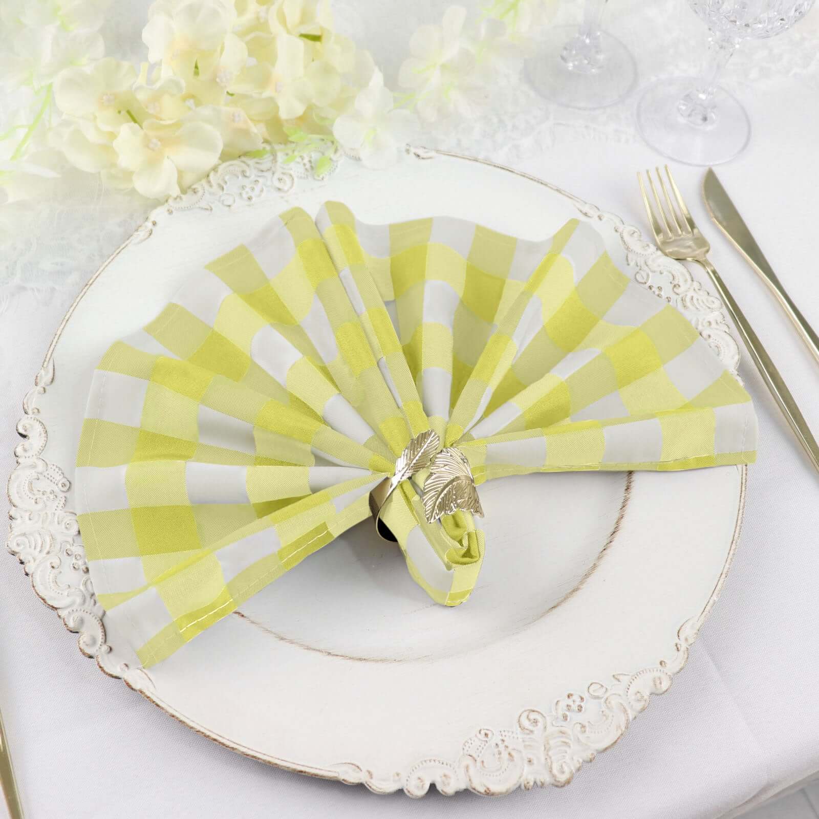 5 Pack Polyester 15"x15" Napkins Yellow/White Buffalo Plaid Gingham Style Cloth Napkins