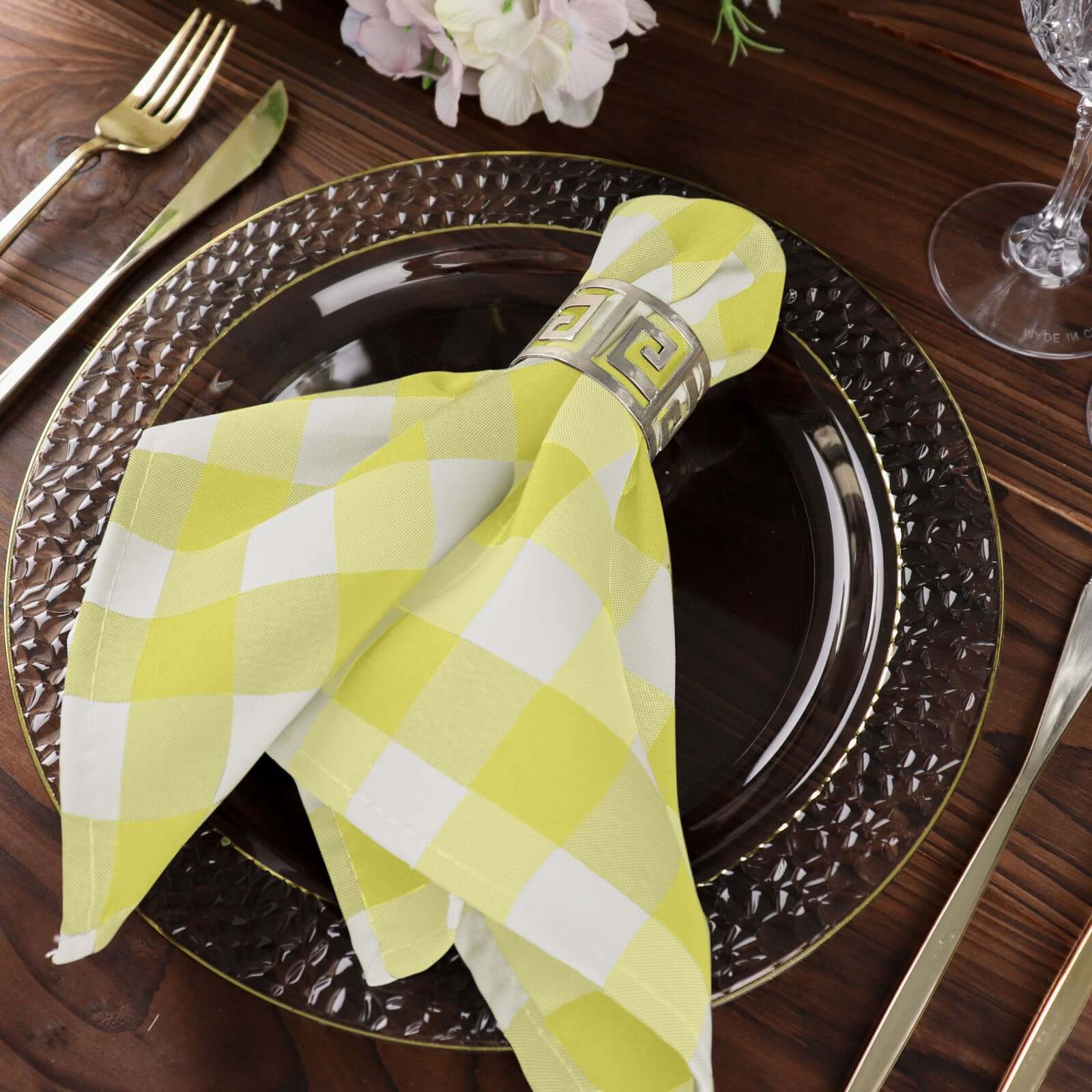 5 Pack Polyester 15"x15" Napkins Yellow/White Buffalo Plaid Gingham Style Cloth Napkins