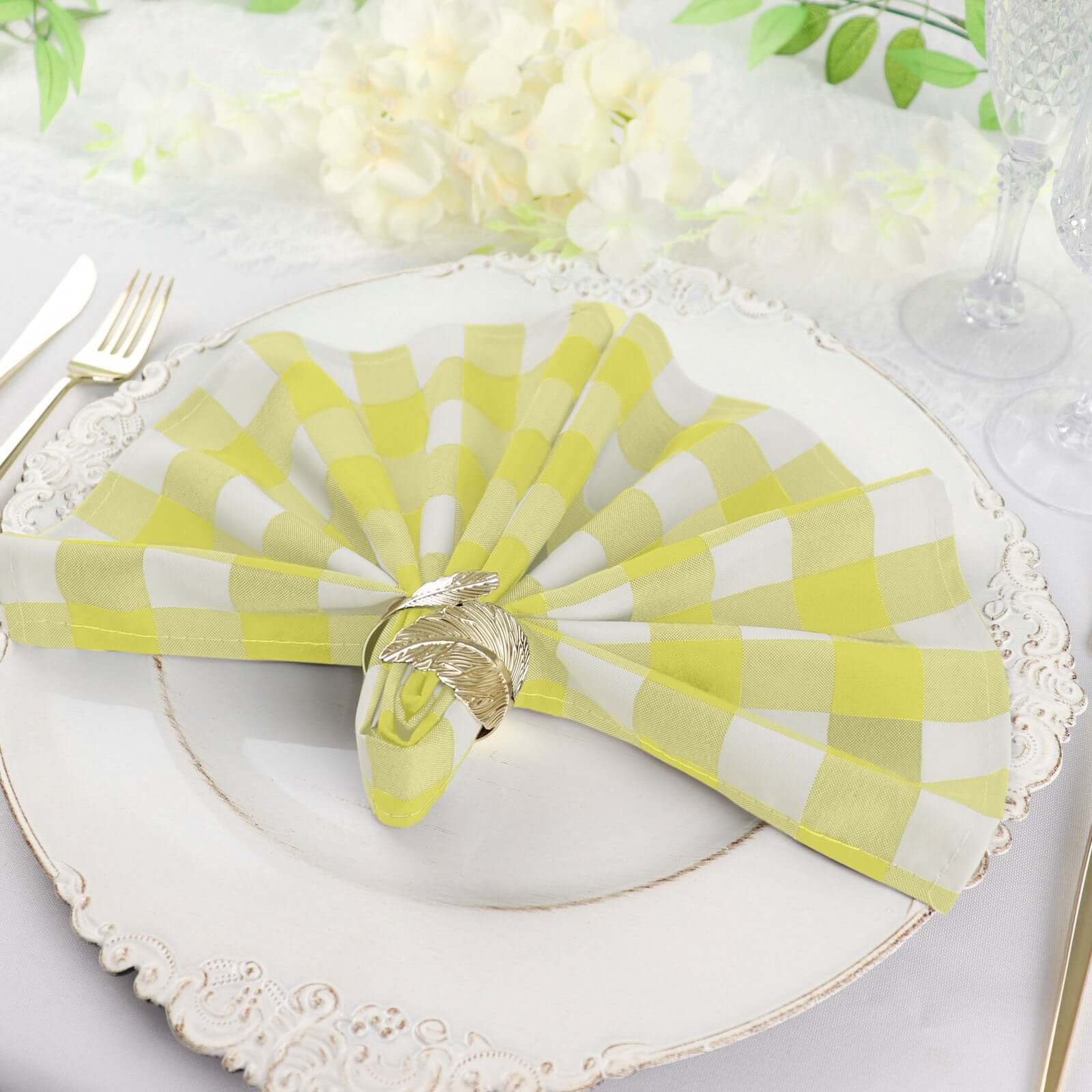 5 Pack Polyester 15"x15" Napkins Yellow/White Buffalo Plaid Gingham Style Cloth Napkins