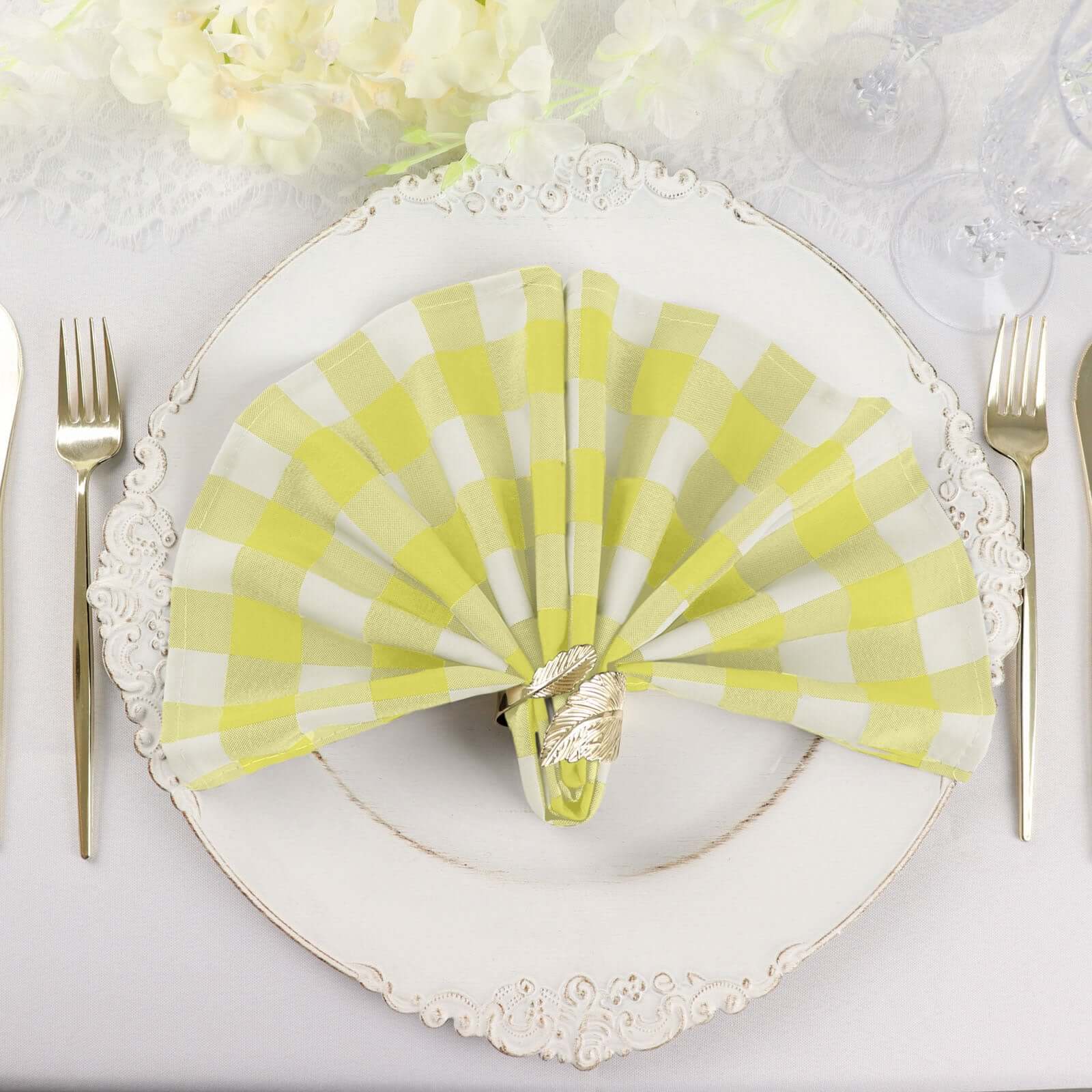 5 Pack Polyester 15"x15" Napkins Yellow/White Buffalo Plaid Gingham Style Cloth Napkins